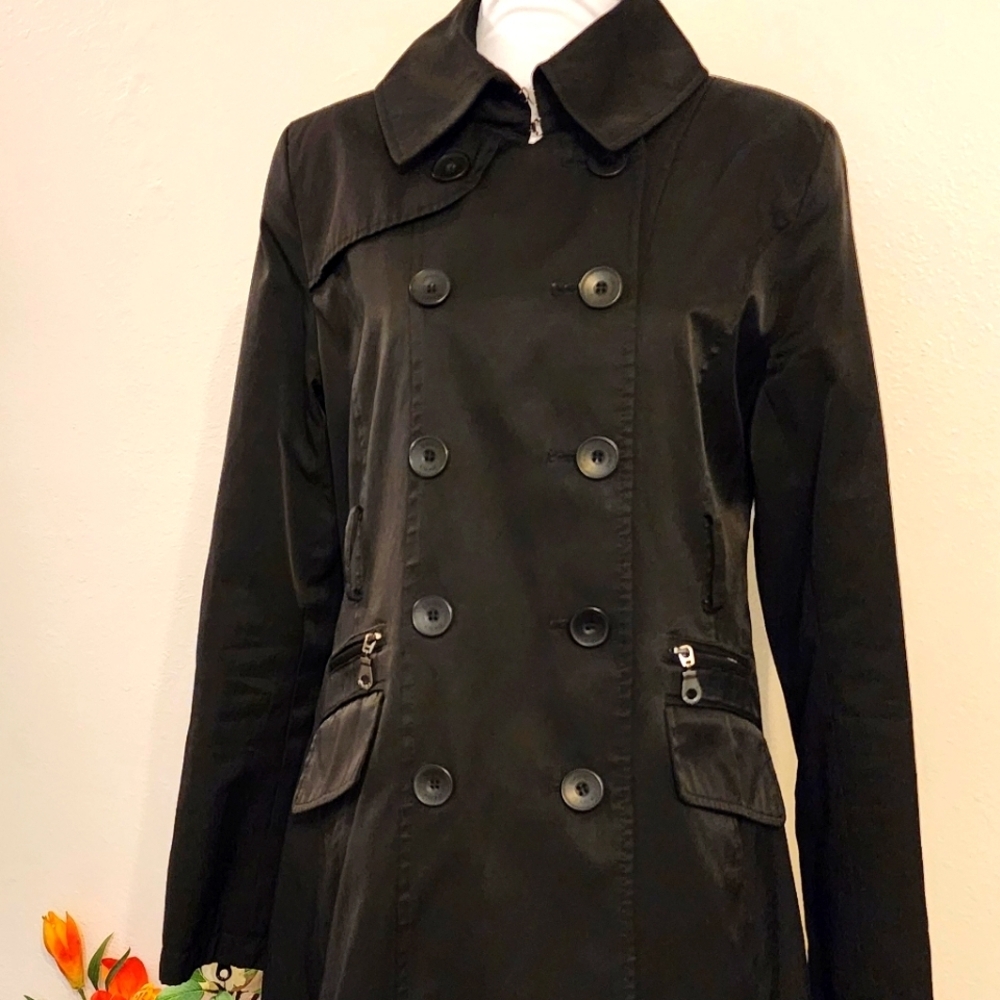 DKNY Black Trench Coat Classic Tailored Design Double Breasted Military Zippers - Picture 4 of 16